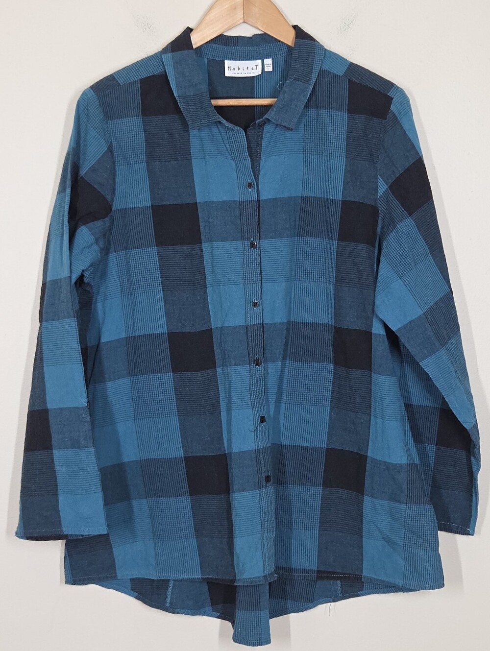 Habitat Cotton Blend Blue Plaid Button Up Large Boho Minimalist Lagenlook